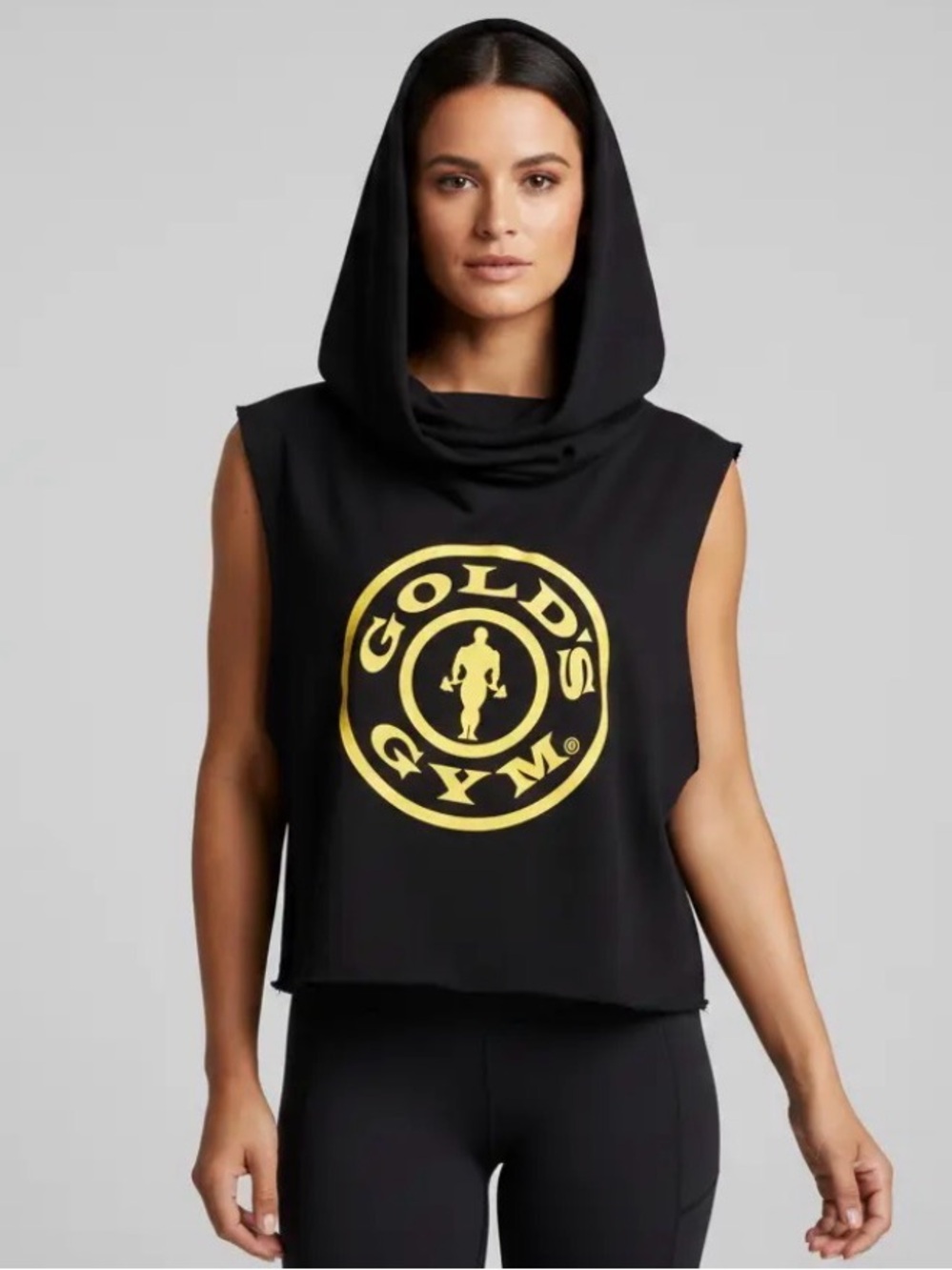 Gold's Gym Black Sleeveless Hoodie Tank Top with Yellow Logo-Black-XL